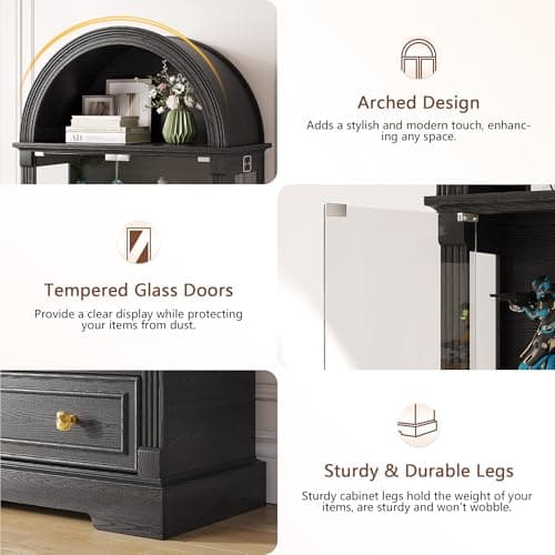 Black Curio Cabinet with Glass Doors, 72" Tall Arched Display Cabinet with Human Sensor Lights, 4-Tier Display Case for Collectibles Bookcase Living Room 6