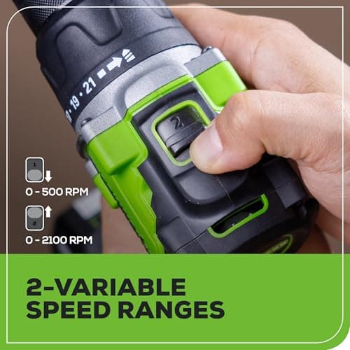 Greenworks 24V Brushless Cordless Compact 1/2 in. Drill/Driver Kit (Keyless Ratcheting Metal Chuck /530 in.-lbs. /21+1 Clutch Position/LED Light), 2×2Ah Battery and Fast Charger Included 6