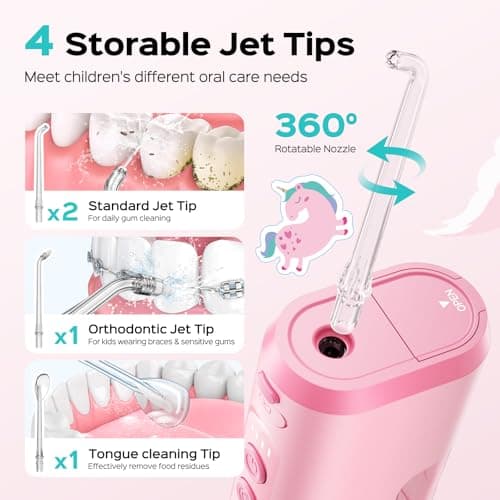 COSLUS T40 Portable Water Flosser for Kids: 4 Gentle Modes for Ages 6+, Braces & Sensitive Teeth - with Fun DIY Stickers, 4 Storable Nozzles, Mini Compact for Home School & Travel, BPA-Free, Pink 7