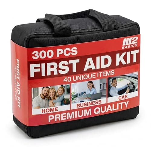 M2 BASICS Premium 300 Piece Professional First Aid Kit, 40 Unique Items, Durable Carry Bag for Home, Car, Business, Travel & Vehicle