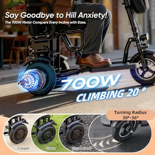 ChiefCarOfficer 3 Wheel Mobility Scooter for Seniors Adults 300 lbs, 700W, 48V10AH Battery Travel Folding Scooters Lightweight Handicap Scooter Elderly Collapsible Electric Mobility Scooters Foldable 5