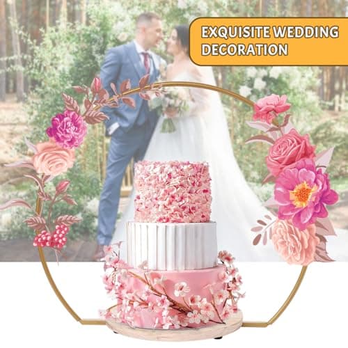 20 Inch Gold Cake Stand with Wooden Stand,Metal Arch Wedding Cake Stand,Floral Hoop Centerpiece and Cake Display Stand for Wedding Birthday Party Events Reception Decorations Supplies 5