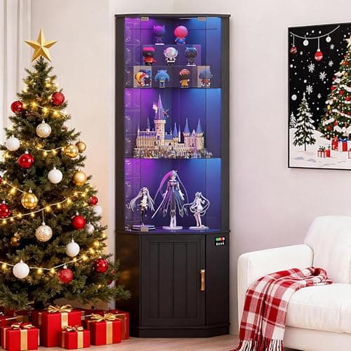 Lvifur 69" Corner Glass Display Cabinet with RGB Lights,3-Tier Movable Glass Shelves,Curio Display with Human Body Sensor,Bookcase with Storage Cabinet for Toys,Books,Collectibles,Liquor,Black 9