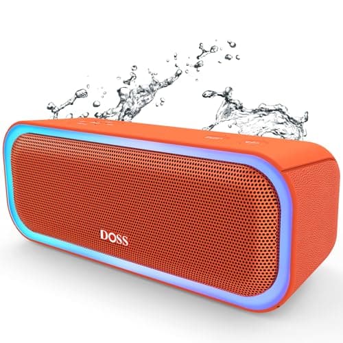 DOSS SoundBox Pro Bluetooth Speaker, 20W Stereo Sound, Active Extra Bass, 20H Playtime, Multi-Colors Lights, Wireless Stereo Pairing, IPX6 Waterproof for Garden, Hiking, Camping, Party-Orange