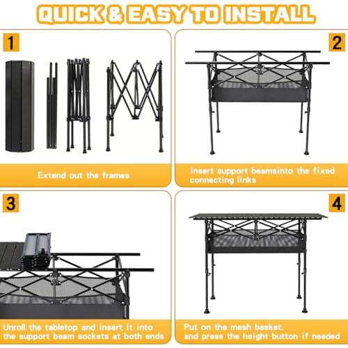 Height Adjustable Camping Table, Outdoor Folding Camping Table with Mesh Storage/Carrying Bag, Portable Aluminum Roll-up Table for Camping, Party, Backyard, BBQ 9