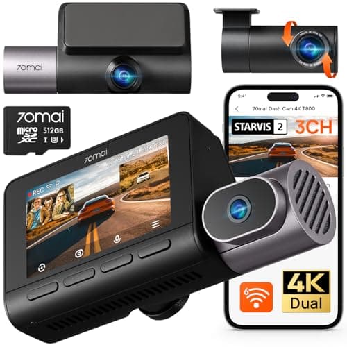 70mai 4K T800 3 Channel Dash Cam, Dash Cam Front and Rear Inside(2160P+2160P+1080P), STARVIS 2 IMX678, HDR Night Vision, Dash Camera for Cars with 512GB Card, WiFi 6, 4G LTE, ADAS, 24H Parking Mode