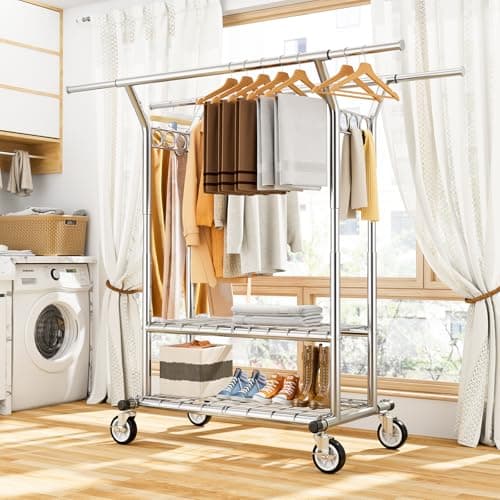 HYSEYY Heavy Duty Clothes Rack, Rolling Clothing Rack With Shelves Load 620 LBS, Double Rod Clothing Racks for Hanging Clothes, Portable& Adjustable Clothes Rack with Wheels Garment Rack 8