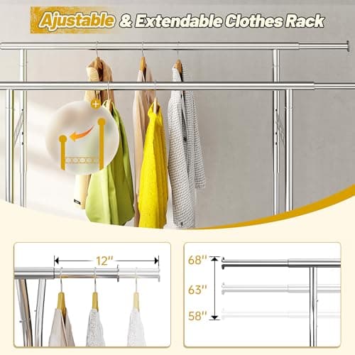 Raybee Clothes Rack Load 630LBS, Heavy Duty Clothes Rack, Rolling Clothing Racks for Hanging Clothes with Wheels, Adjustable & Commercial Garment Rack, 22" D x 75" W x 68" H 6
