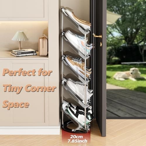 Patinao Sloping Narrow Shoe Rack 5 Tiers - Free Standing Vertical Shoes Racks for Small Spaces and Corner, Shoe Storage Organizer for Entryway, Tall Slim Shoe Shelf Cabinet for Shoes and Boots 6