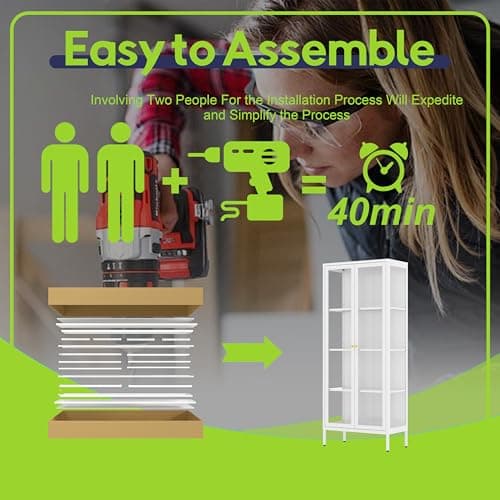 UNICOLY Display Cabinet with Glass Doors, Glass Display Cabinet with 3 Color LED Lights, Curio Display Cabinet with 3 Shelves for Living Room & Plant, Display Shelf, Assembly Required, White 7