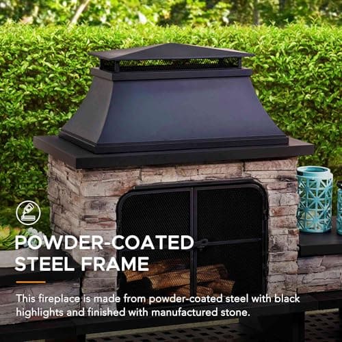 Sunjoy Outdoor Fireplace, Patio Wood Burning Fireplace with Steel Chimney, Mesh Spark Screen Doors, Fire Poker, and Removable Grate, Black 7