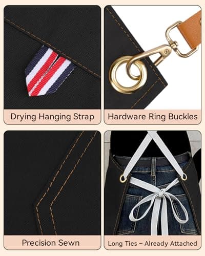 Teskyer Kitchen Cooking Apron with 4 Pockets, Water Oil Resistant, Canvas Cross Back Aprons for Men Women Chef Server - Black 5