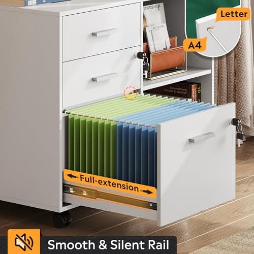 DEVAISE 3-Drawer Wood File Cabinet with Lock, Mobile Lateral Filing Cabinet, Printer Stand with Open Storage Shelves for Home Office, White 6