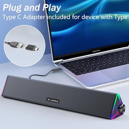 LENRUE Computer Speakers for Desktop,PC Speakers with Single USB for Power and Stereo Sound,Touch Lights Gaming Speakers Sound bar for Desktop PC Laptop(USB-C Adapter Included) 5