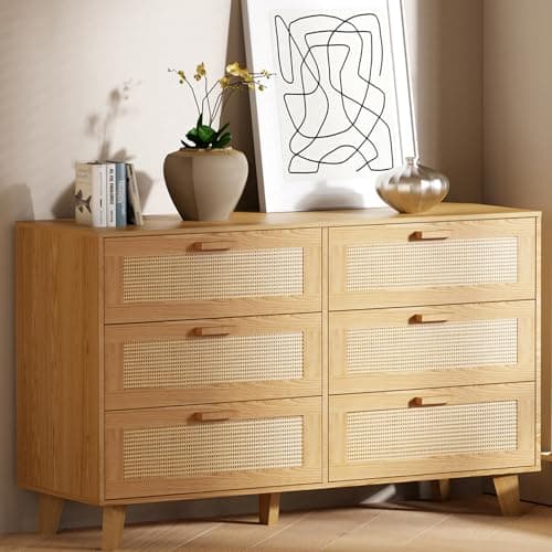 XDliv Wide Rattan Dresser, 6 Drawer Dressers Bedroom Furniture Large Storage Tower Unit, Dresser for Bedroom, Closet,Hallway, Walnut
