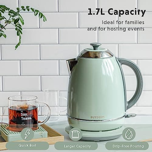 BUYDEEM K640 Stainless Steel Electric Tea Kettle with Auto Shut-Off and Boil Dry Protection, 1.7 Liter Cordless Hot Water Boiler with Swivel Base, 1440W, Cozy Greenish 5