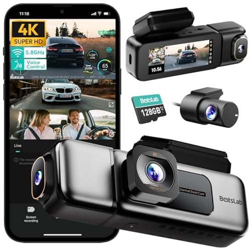 BOTSLAB 4K 3 Channel Dash Cam Front and Rear/Inside, 360°Dash Camera with 3.18" Touch Screen, Night Vision Dashcam, Voice Control, 24/7 Parking Mode Car Camera, Free 128GB Card 5.8GHz WiFi & GPS