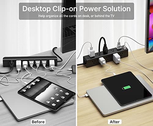 CCCEI Standing Desk Clamp Power Strip with 15 Outlets, Widely Spaced Desktop Edge Mount Surge Protector Outlet, Fast Charging USB-A and USB-C Ports, 6 FT Flat Plug, Black Fit 1.6 inch Table top. 5