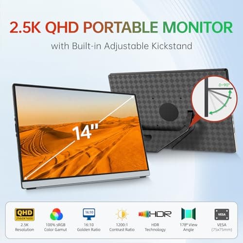Intehill 14" Portable Monitor 2.5K, 2560x1600 Portable Screen for Laptop, 16:10 Travel Monitor with Tempered Glass, 100% sRGB HDMI Portable Display, Mobile External Display with Stand & Speaker, Q14ZA 2