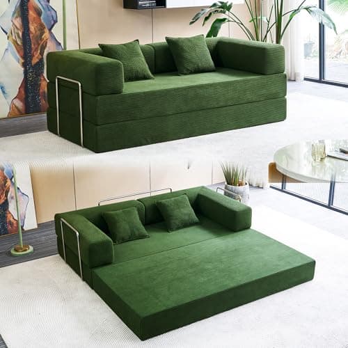 MOEYURO Compression Sofa - 78''Convertible Floor Sofa Bed - with Pillow Back Support Armrest - Comfy Foldable Sofa Bed Compressed Sofa in Box - Corduroy Fabric - for Living Room Bedroom (Green)