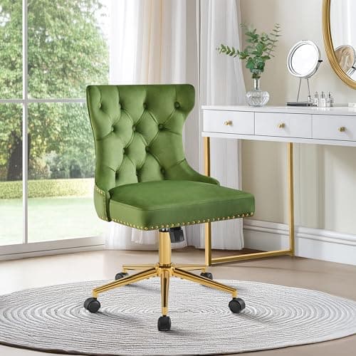 Yaheetech Velvet Home Office Desk Chair with Back, Cute Armless Vanity Chair with Gold Base/Wheels, Adjustable Comfy Swivel Chair for Make-up, Bedroom, Green