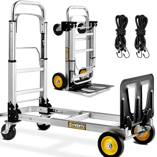 Upgraded Convertible Hand Truck Dolly, 3 in 1 Folding Hand Truck 440 lbs Capacity, Aluminum Utility Dolly Cart with Rubber Brake-Wheels, Anti-Slip Strip & 2 Elastic Ropes for Luggage Moving Warehouse