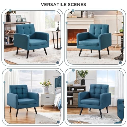 Yaheetech Mid-Century Accent Chairs, Modern Upholstered Living Room Chair, Cozy Armchair Button Tufted Back and Wood Legs for Bedroom/Office/Cafe, Navy Blue 5