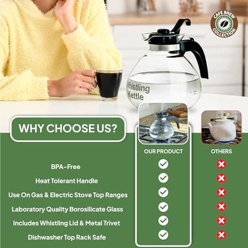 Borosilicate Glass Stove Top Whistling Tea Kettle - 12 Cup/48oz Capacity - BPA-Free - German Made Glass Kettle for Gas, Electric, and Glass Ranges 6