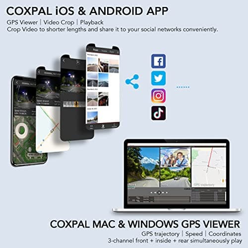 COXPAL 3 Channel Dash Cam Front and Rear Inside with GPS WiFi, Infrared Night Vision, Supercapacitor, 2K+1080P+1080P Three Way Triple Car Dash Camera, Smart Parking Monitor, Support 512GB Max 6
