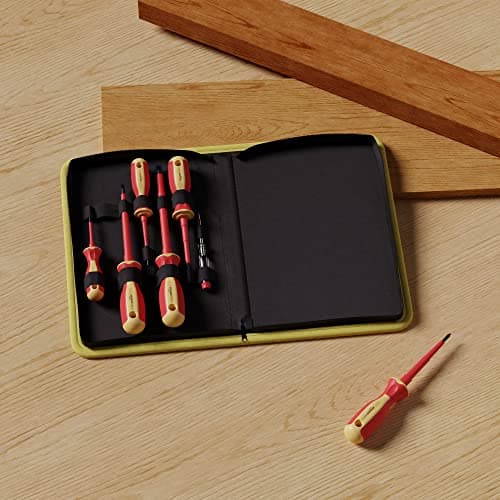Amazon Basics 1000 Volt VDE Insulated 7-Piece Screwdriver Set including 1 Voltage Tester, Red & Yellow, 11.75 x 7.5 x 1.75 inches (LxWxH) 7