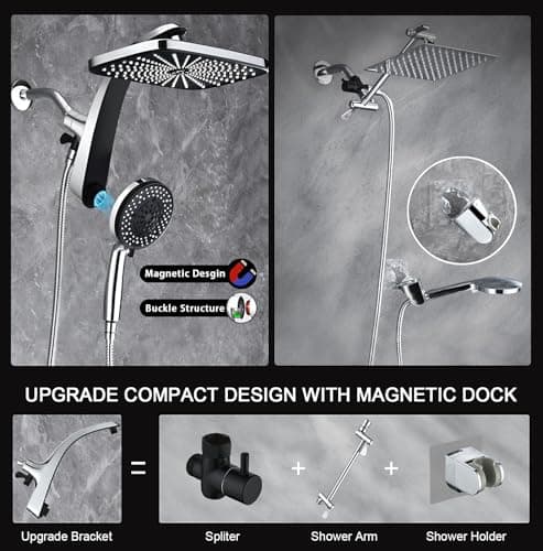 High Pressure Rain Shower Head: Upgrade Shower Heads with Handheld Spray Combo with Fixed Showerhead and 10 Sprays Handheld Shower Head, Detachable Shower head Built-in Magnetic Docking and Power Jets 5