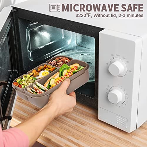 Bento Box Adult Lunch Box, Containers for Adults Men Women with 4 Compartments, Lunchable Food Container with Utensils, Sauce Jar, Muffin Liners, 40 Oz/5 Cup, Microwave & Dishwasher Safe, Brown 6