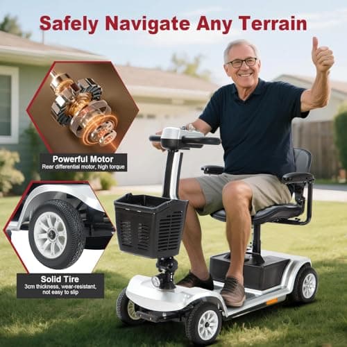 4 Wheel Mobility Scooter, Long Range, 418 lb Capacity, Electric Power Mobile Wheelchair for Seniors Adult with Lights Collapsible and Compact Duty Travel Scooter with Basket (Silver 13 Miles) 5