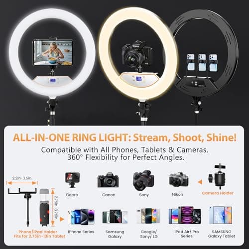 22'' Ring Light with 75'' Tripod Stand, LED Display/2 USB Ports/6500K Dimmable Ring Light for ipad Phone Holder for Tattoo Lash Live Makeup Video Recording TikTok Barber Stylist Photography 6