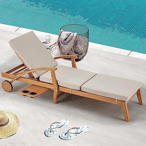 HOMREST Wood Chaise Lounge Chair Outdoor, Patio Chaise Lounger Recliner with Slide-Out Side Table, Adjustable Backrest, Wheels, Foam-Padded Cushion for Backyard, Garden, Poolside (Beige)