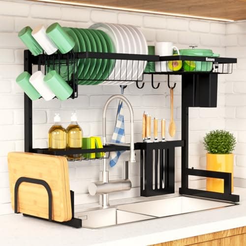 Kitsure Over The Sink Dish Drying Rack - 23.6'' to 35''x21.2'', for Kitchen with Large Capacity, 2-Tier Adjustable Dish Rack Over Sink with Multifunctional Baskets,Black