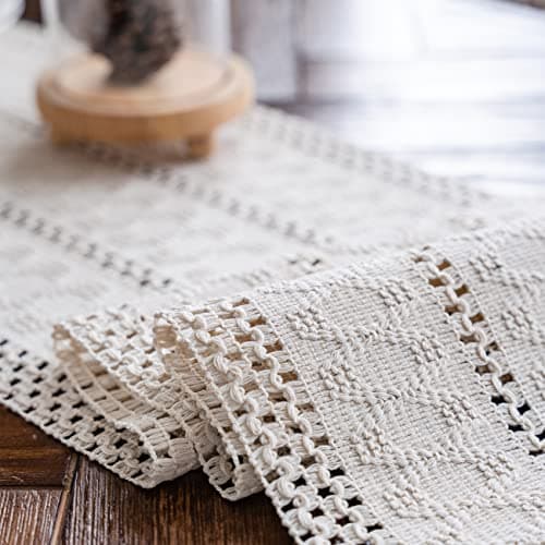 Alynsehom Macrame Table Runner Cream Beige Boho Table Runners with Tassels Hand Woven Cotton Table Runner Rustic Farmhouse Table Runners for Bohemian Kitchen Dining Table(12x71in) 5