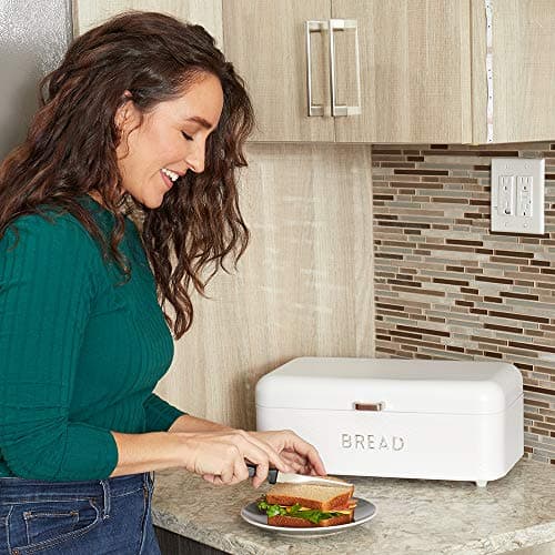 Bread Box For Kitchen Countertop, Metal, (White) | By Home Basics, Vented With Hinge Top and Non-Skid Feet | Large Bread Box | Keeps Loaves, Bagels, Croissants Fresh 5