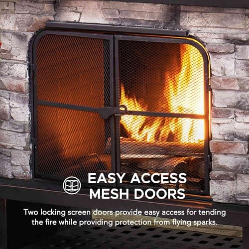 Sunjoy Outdoor Fireplace, Patio Wood Burning Fireplace with Steel Chimney, Mesh Spark Screen Doors, Fire Poker, and Removable Grate, Copper and Black 3