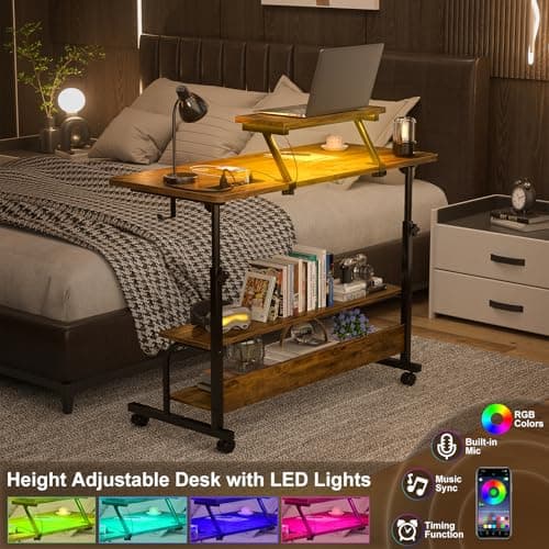 Height Adjustable Standing Desk with Power Outlets and LED Lights - 39" Manual Stand Up Desk with Monitor Stand and Storage Shelves Small Mobile Rolling Computer Desk Portable Laptop Table, Rustic 5