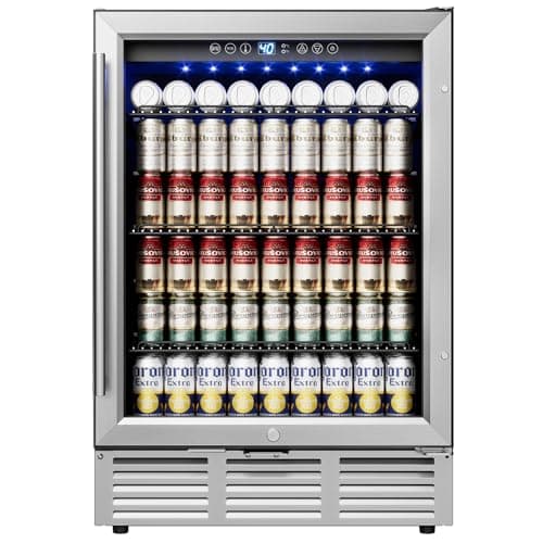 Icyglee 24 Inch Beverage Refrigerator, Beverage Cooler 180 Can Built-in Design, Under Counter Beer Fridge with Glass Door for Soda, Wine, Water - For Kitchen, Office or Bar