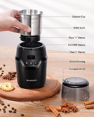SHARDOR Adjustable Coffee Grinder Electric, Super Silent Electric Coffee Bean Grinder with Time-Memory Adjustment and Multi-Functional Stainless Steel Cup for Spices, Herbs, and Nuts Grinding, Gray 7