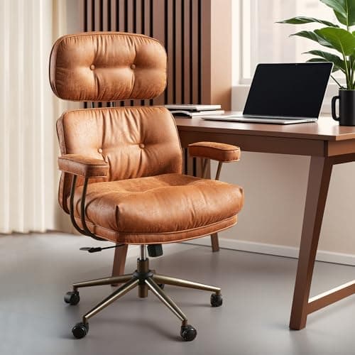 ovios Ergonomic Office Chair, High Back Faux Leather Executive Chairs with Thick Cushion, Comfy Mid-Century Modern Swivel Rolling Computer Armchair (Brown, Suede Leather)
