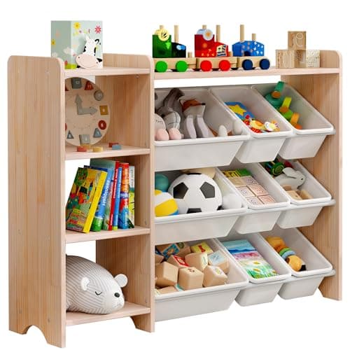 MallBest 4-Tier Kids' Toy Storage Organizer Shelf - 100% Solid Wood,Children's Storage Cabinet with 9 Plastic Bins and and 3 Storage Ports (Varnish-Single Color)