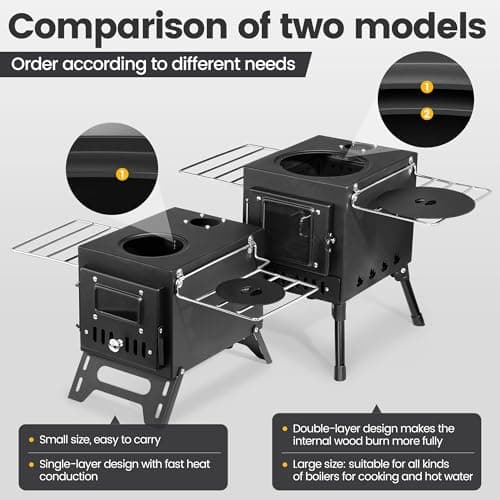 Wood Burning Stove, Wood Stove With Chimney Pipes, Small Camping Wood Stove With Anti-Spark and Adjustment Pipe for Hunting,fishing,Cooking,Heating,Drying Clothes double-layer Hot Tent Stove 5