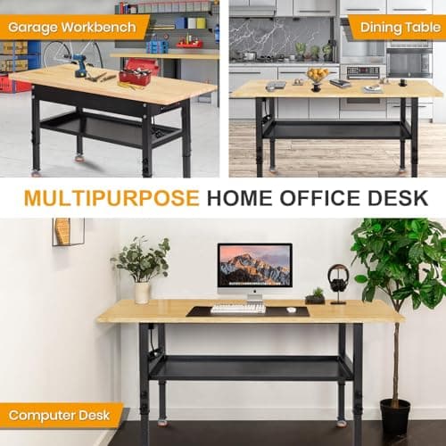 48"/60'' Adjustable Workbench, Rubber Wood Top Work Bench Heavy-Duty Work Table w/Power Outlet, Partition,2000 LBS Load Capacity Work Benches for Garage, Workshop, Home, Office, Easy Assembly 5