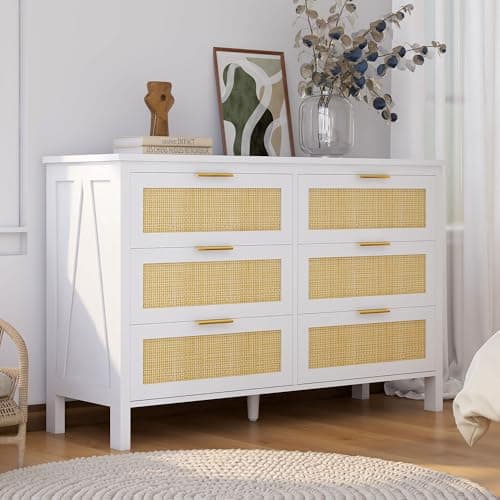 FTZxHKLX Rattan 6 Drawer Dresser for Bedroom, Modern Boho Chest of Drawers with Golden Handles, 47inch Long Storage Cabinet Bedside Dresser for Closet, Living Room, Hallway, Bedroom, White