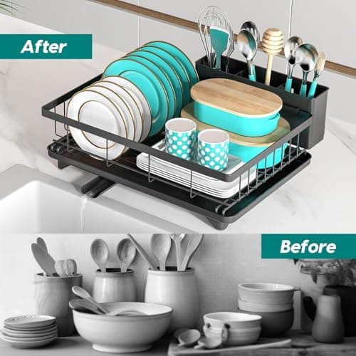 MERRYBOX Dish Drying Rack Large Capacity 2 Tier Dish Drying Rack Multifunctional Rustproof Dish Racks for Kitchen Counter with Large Utensil Holder, Cup Holder, Black 8
