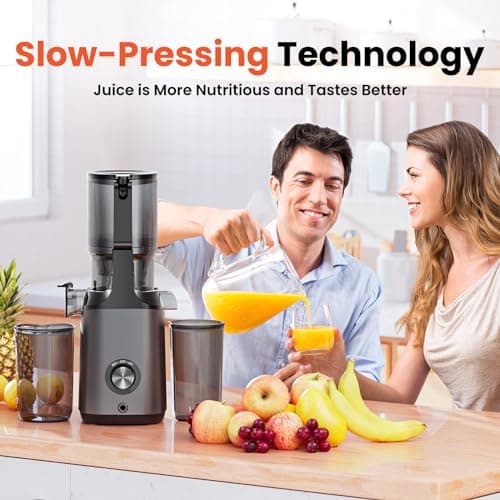 Cold Press Juicer, JoyBear Slow Masticating Machines with 5.3" Extra Large Feed Chute Fit Whole Fruits Vegetables Easy Clean Self Feeding Effortless for Batch Juicing, High Juice Yield, BPA Free 200W 5