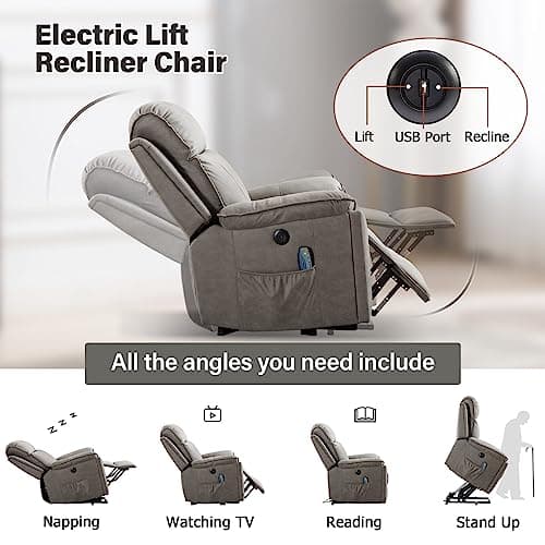 Phoenix Home Large Power Lift Recliner Chair with Massage and Heat for Elderly, Ergonomic Electric Wider Sofa Chair for Living Room with 2 Cup Holders, Side Pocket and USB Port, Grey 6